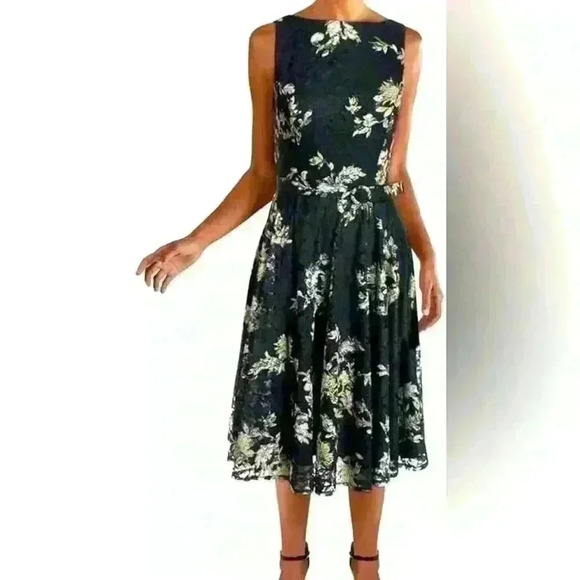 Gabby Sky Womens Black Gold Floral Filigree Printed Belted Lace Dress V Back 10* - Picture 1 of 4